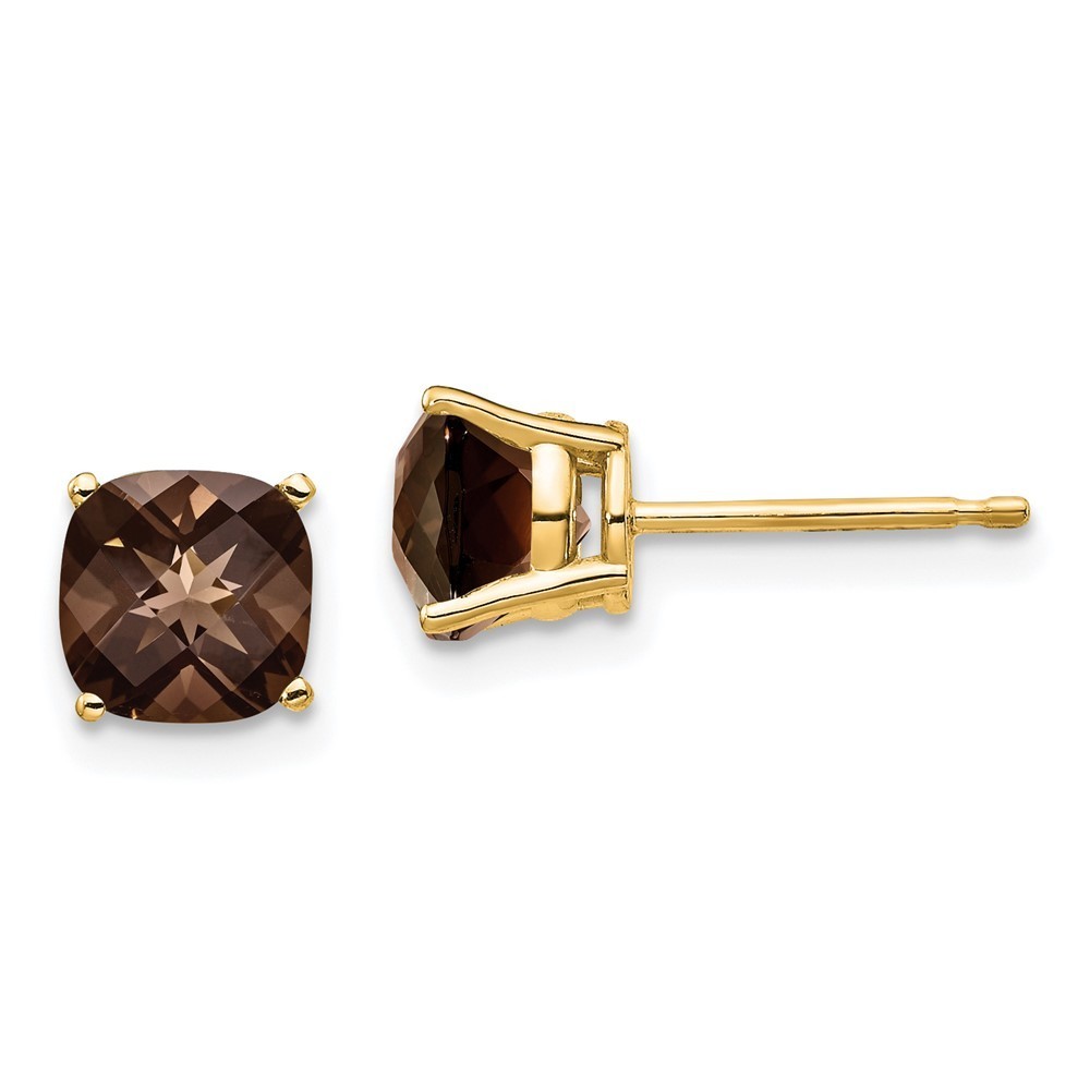 14k Yellow Gold 6mm Cushion Smoky Quartz Earring